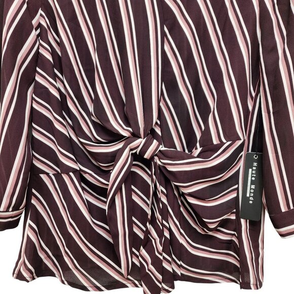 Haute Monde Womens Striped Burgundy Pink Tie Front Blouse Top 3/4 Sleeves Size M - Picture 7 of 10